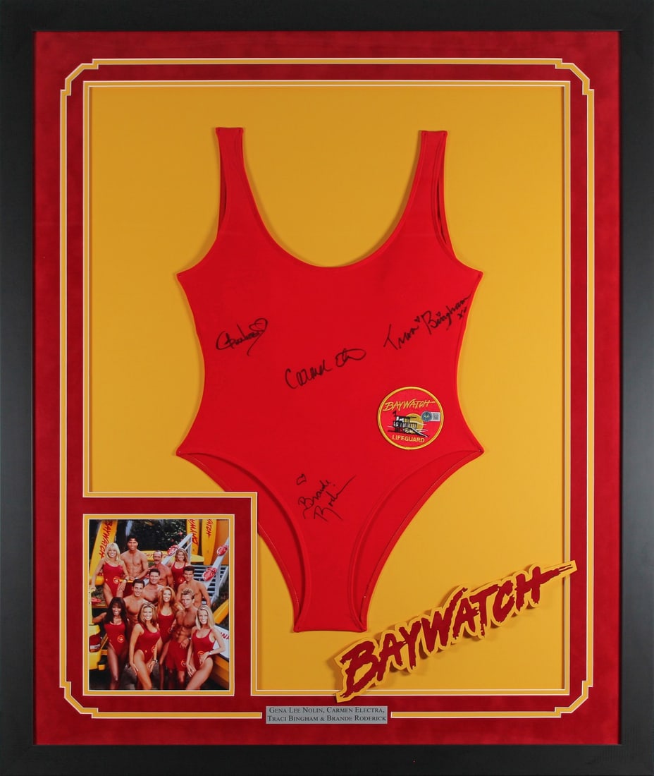 Framed Baywatch red swimsuit signed by 4 cast members Beckett witnessed (1 of 2)