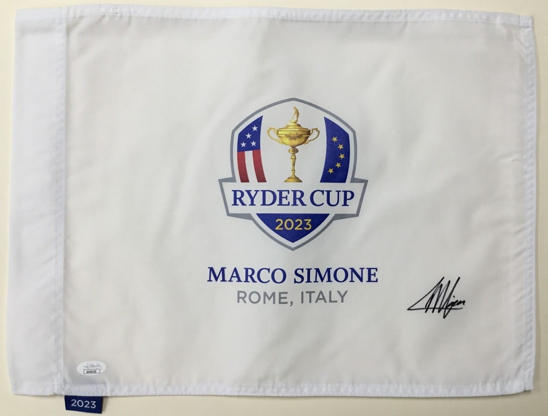 Collin Morikawa 2023 Ryder Cup Signed Flag JSA Certified: Collin Morikawa 2023 Ryder Cup Signed Flag JSA Certified This is an official pin flag from the 2023 Ryder Cup held in Rome, Italy, signed by PGA star Collin Morikawa. The signature has been authentica