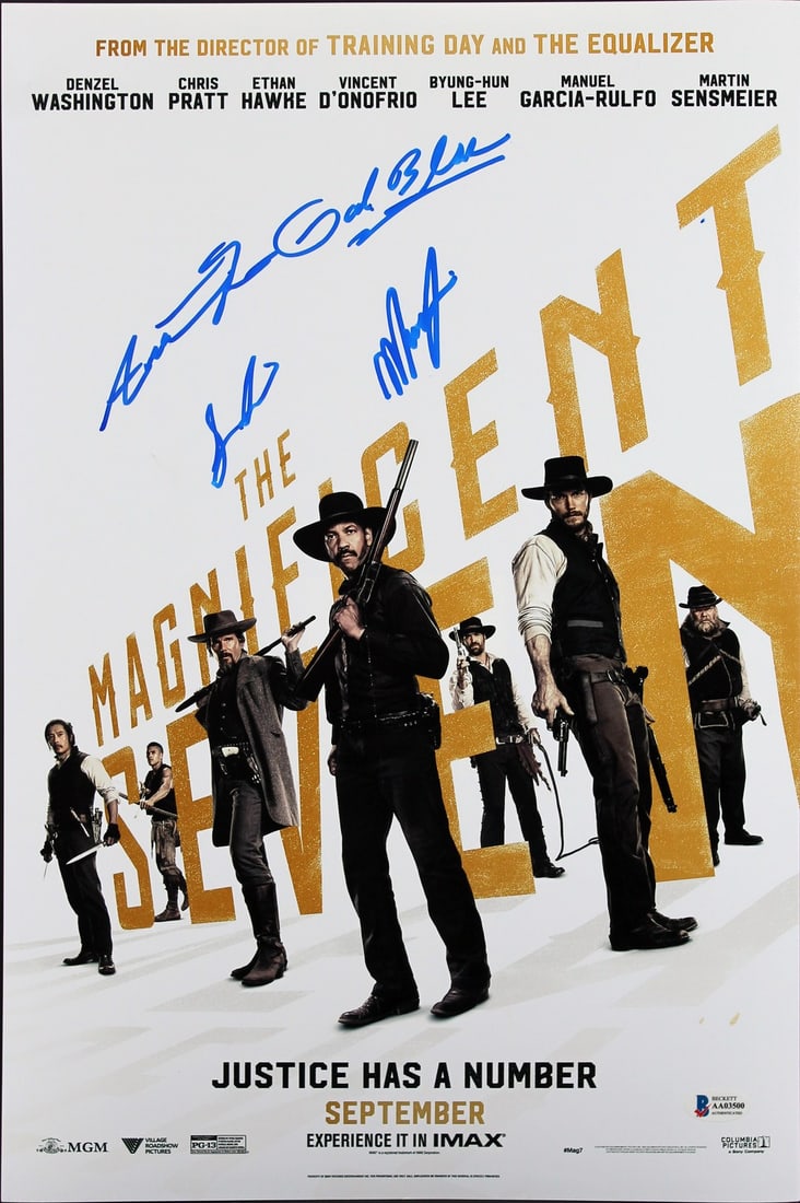 The Magnificent Seven Signed 12x18 Photo by 3 Cast Beckett Authenticated: The Magnificent Seven Signed 12x18 Photo by 3 Cast Beckett Authenticated This stunning 12x18 photograph features the signatures of Manuel Garcia-Rulfo, Martin Sensmeier, and one additional cast member