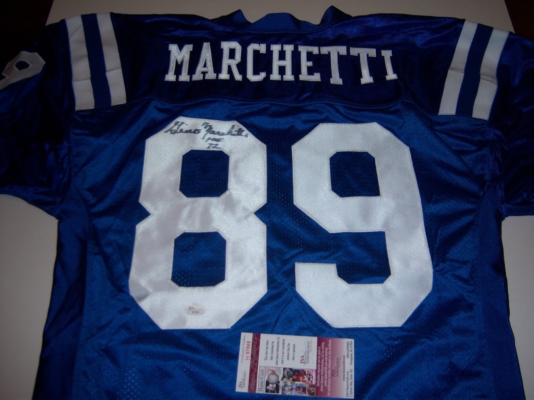 Signed Baltimore Colts Gino Marchetti HOF Jersey: Signed Baltimore Colts Gino Marchetti HOF Jersey This is a pre-owned Baltimore Colts football jersey signed by Gino Marchetti. The jersey is an original item and comes with JSA/COA authentication. It 