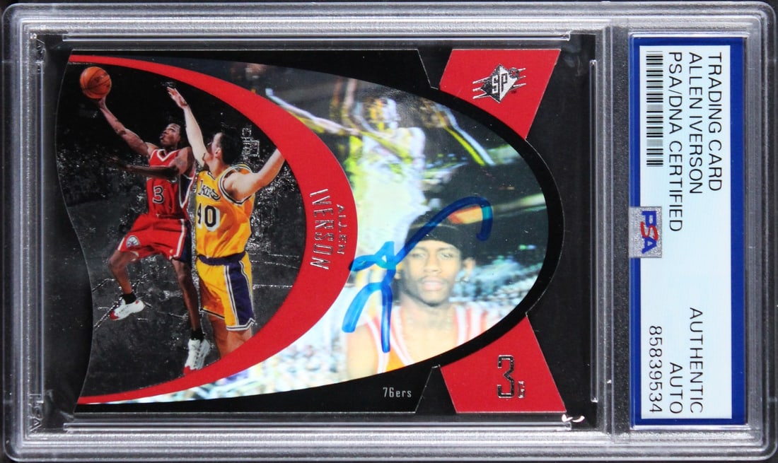 PSA DNA Allen Iverson 1996 Upper Deck SPx 35 Rookie Card 76ers: PSA DNA Allen Iverson 1996 Upper Deck SPx 35 Rookie Card 76ers Autographed 1996 Upper Deck SPx #35 rookie card signed by Allen Iverson of the Philadelphia 76ers. This original basketball card is slabb