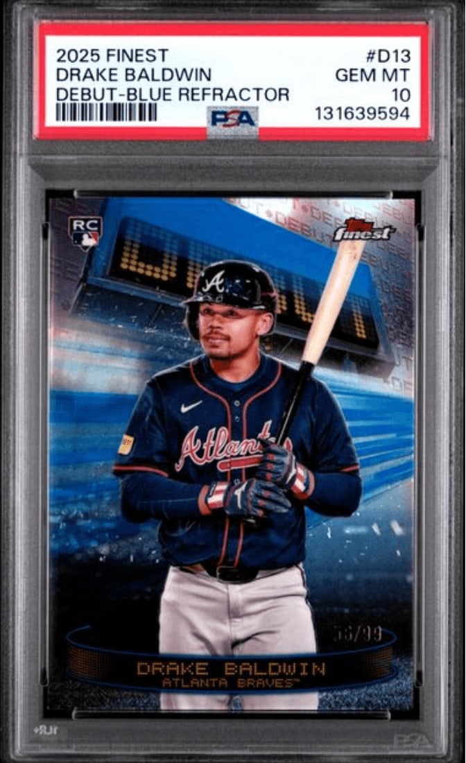 PSA 10 Drake Baldwin 2025 Topps Finest D13 Blue Refractor RC /99 (1 of 2)