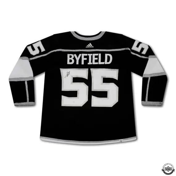 Quinton Byfield Signed Black Primegreen Jersey Los Angeles Kings UDA Authenticated: Quinton Byfield Signed Black Primegreen Jersey Los Angeles Kings UDA Authenticated Celebrate the talent of Quinton Byfield with this officially licensed black Primegreen jersey, signed by the player h