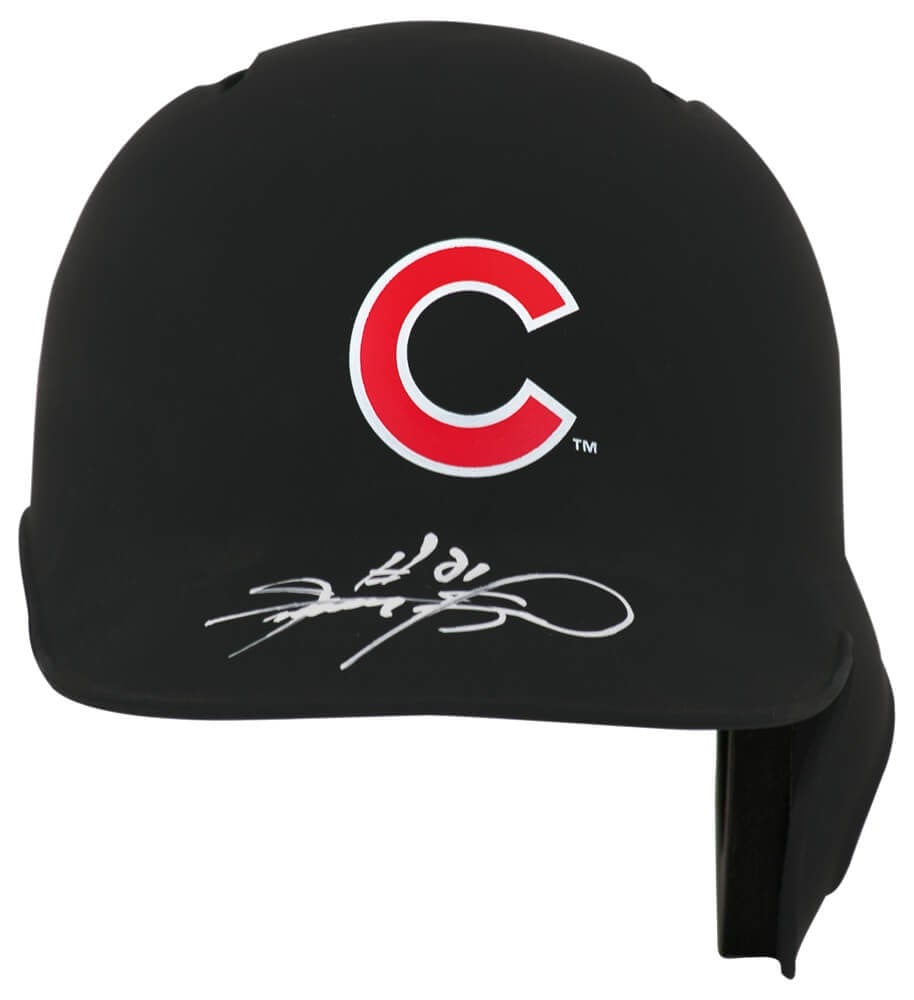 Sammy Sosa Signed Chicago Cubs Mini Batting Helmet with COA: Sammy Sosa Signed Chicago Cubs Mini Batting Helmet with COA This is a signed black matte mini baseball batting helmet from Rawlings, featuring the autograph of Sammy Sosa, a celebrated player of the C