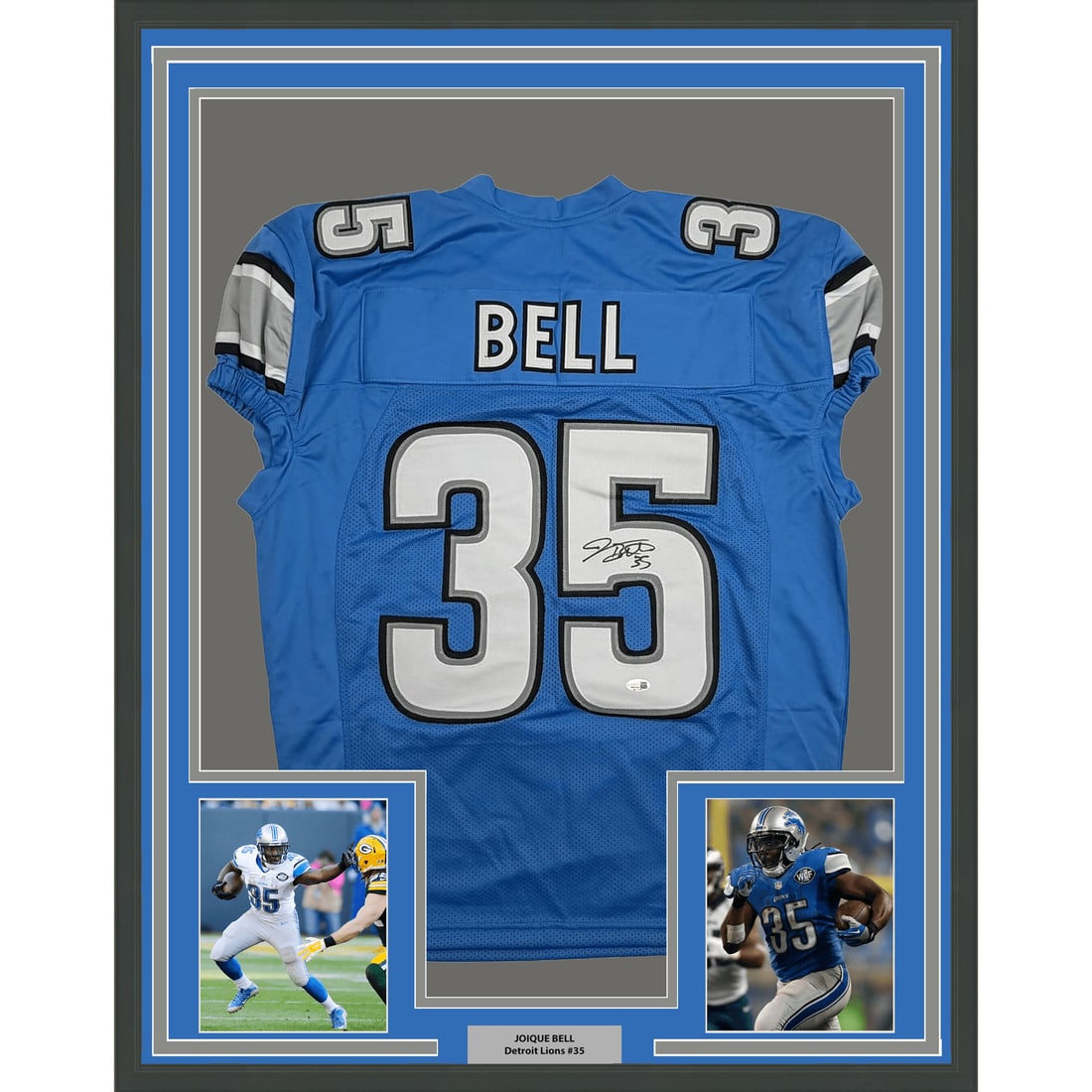 Joique Bell signed framed blue football jersey JSA COA: Joique Bell signed framed blue football jersey JSA COA Professionally framed autographed Joique Bell Detroit blue pro cut football jersey. This original signed jersey is authenticated by JSA and comes