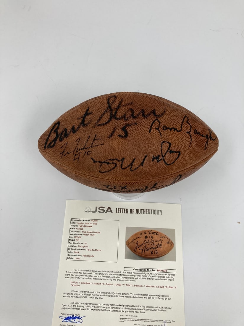 JSA Certified NFL Football Signed by 10 Hall of Fame Quarterbacks: JSA Certified NFL Football Signed by 10 Hall of Fame Quarterbacks Official NFL Pete Rozelle football signed by ten NFL Hall of Fame quarterbacks: Johnny Unitas, Joe Montana, Bart Starr, Sammy Baugh, T