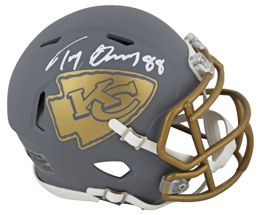 Tony Gonzalez Signed Alternate Slate Speed Mini Helmet BAS Witnessed: Tony Gonzalez Signed Alternate Slate Speed Mini Helmet BAS Witnessed This Kansas City Chiefs alternate Slate Speed mini helmet has been personally hand-signed by Tony Gonzalez. The signature was