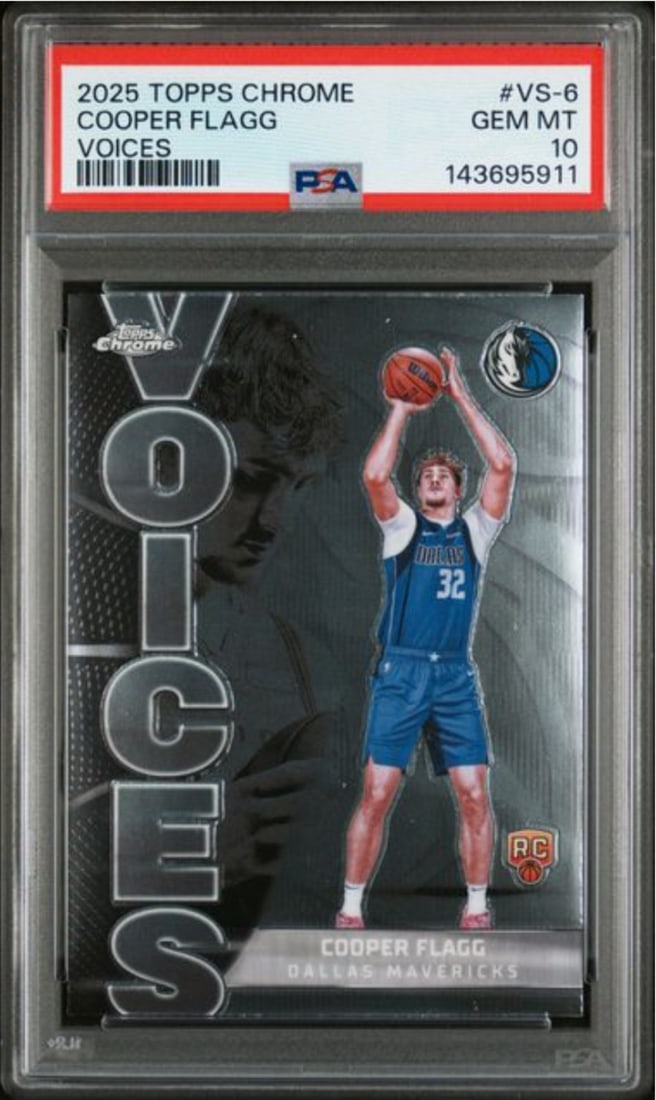 PSA 10 2025 Topps Chrome Voices Cooper Flagg Rookie Card Gem Mint: PSA 10 2025 Topps Chrome Voices Cooper Flagg Rookie Card Gem Mint This is an original 2025 Topps Chrome Cooper Flagg #VS6 Voices Rookie RC card, professionally graded and encapsulated by Professional 