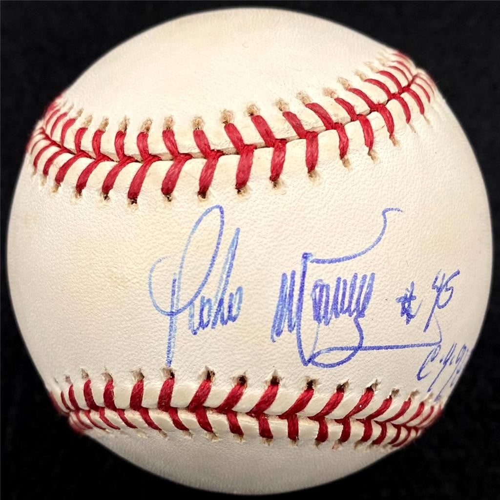 Rawlings MLB Baseball Signed by Pedro Martinez CY 97 99 00 JSA: Rawlings MLB Baseball Signed by Pedro Martinez CY 97 99 00 JSA Original Rawlings MLB baseball signed by Pedro Martinez and inscribed "CY 97, 99, 00." The autograph is authenticated by JSA. Pre-owned c