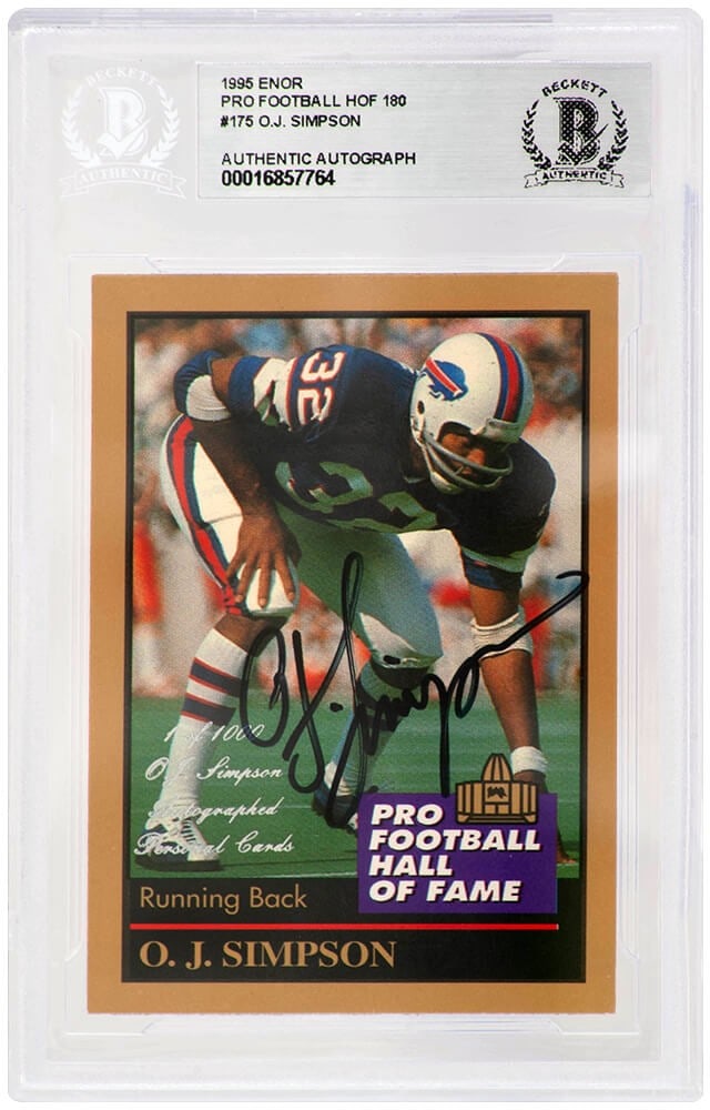 O.J. Simpson Signed 1995 Enor HOF Football Card #175 Beckett Authenticated: O.J. Simpson Signed 1995 Enor HOF Football Card #175 Beckett Authenticated This collectible features a signed O.J. Simpson Buffalo Bills 1995 Enor Pro Football Hall of Fame football card #175. The car