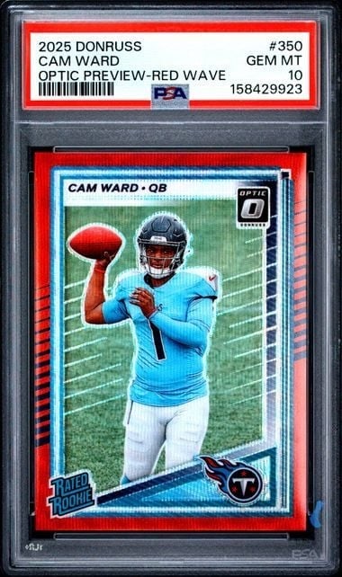 PSA 10 Gem Mint Cam Ward 2025 Panini Donruss Red Wave RC #350: PSA 10 Gem Mint Cam Ward 2025 Panini Donruss Red Wave RC #350 Graded 2025 Panini Donruss Cam Ward #350 Red Wave rookie sports trading card. This PSA 10 Gem Mint card is encapsulated by Professional Sp