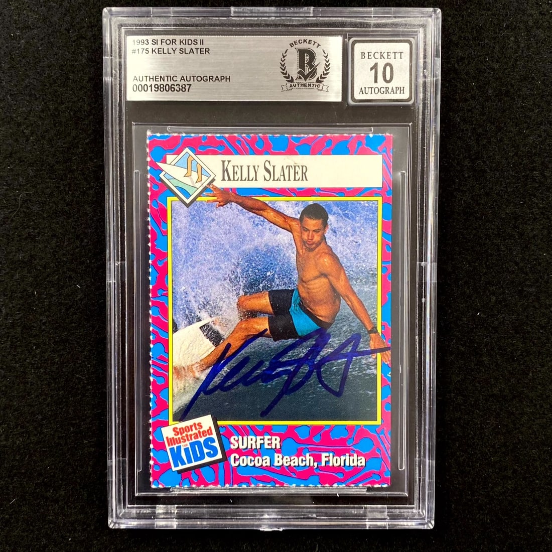 Kelly Slater 1993 Sports Illustrated for Kids rookie card BAS 10 auto: Kelly Slater 1993 Sports Illustrated for Kids rookie card BAS 10 auto This is a 1993 Sports Illustrated for Kids Series 2 rookie card featuring Kelly Slater. The card is hard signed by Kelly Slater an