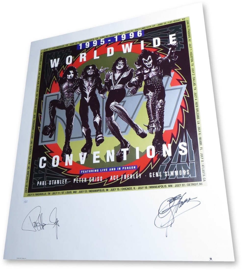 Gene Simmons Paul Stanley Signed 26x31 KISS Poster JSA Authenticated: Gene Simmons Paul Stanley Signed 26x31 KISS Poster JSA Authenticated This original 26x31 poster features the dual autographs of rock legends Gene Simmons and Paul Stanley from the iconic band KISS. Th