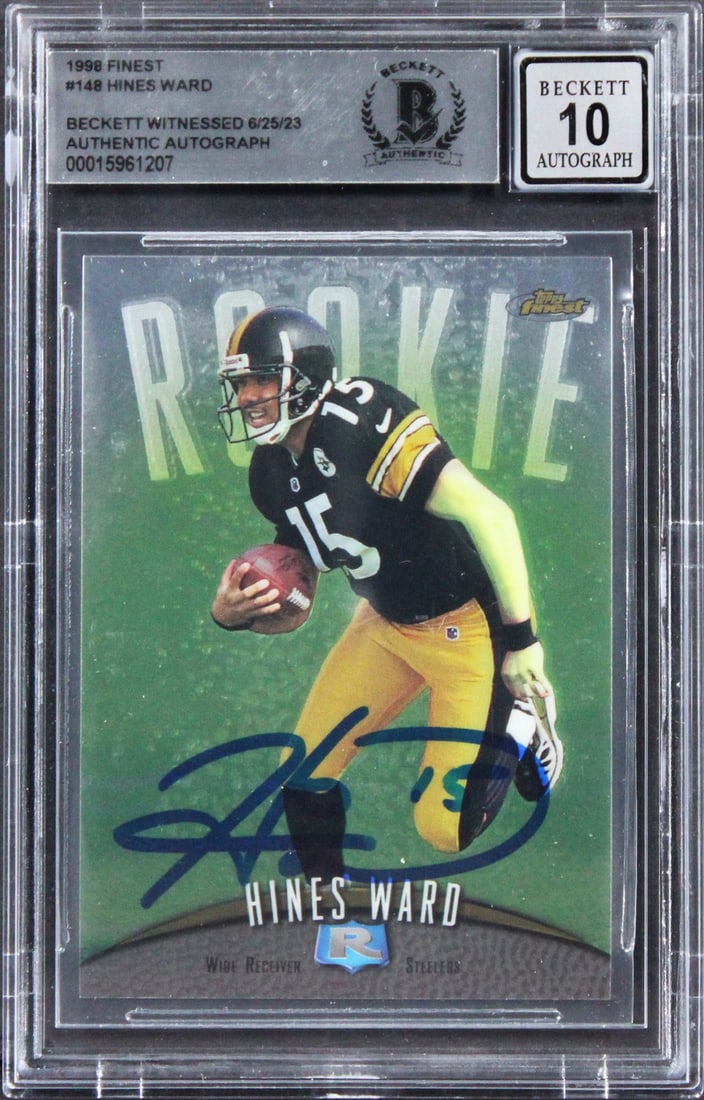 Hines Ward Autographed 1998 Finest Rookie Card BAS Graded Auto 10 Slabbed: Hines Ward Autographed 1998 Finest Rookie Card BAS Graded Auto 10 Slabbed This is an original 1998 Topps Finest #148 rookie card featuring Hines Ward of the Pittsburgh Steelers. The card has been pers
