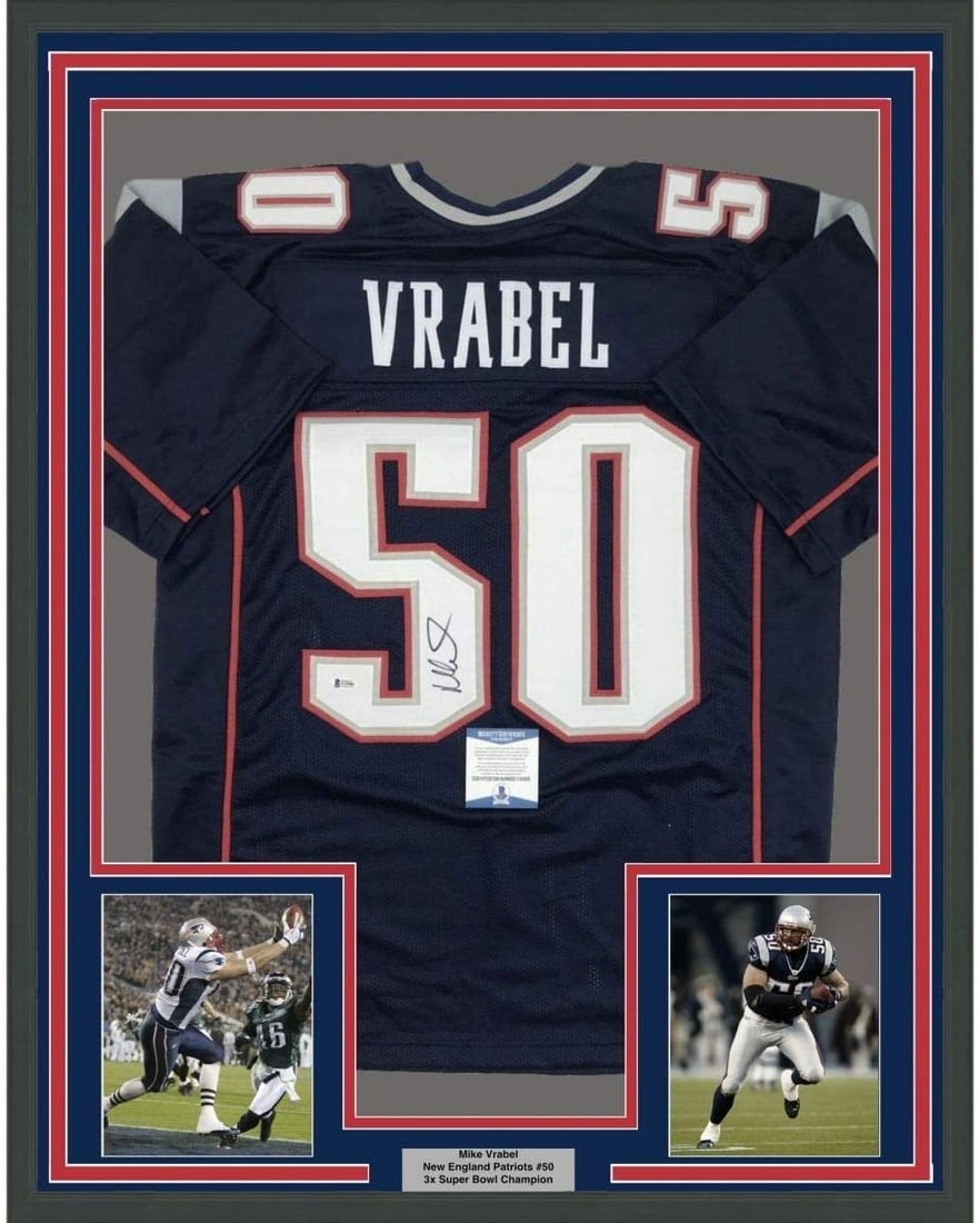 Mike Vrabel signed framed New England Patriots blue jersey BAS: Mike Vrabel signed framed New England Patriots blue jersey BAS Professionally framed and matted autographed Mike Vrabel blue jersey display with two 5x7 photos. This original signed football collectib