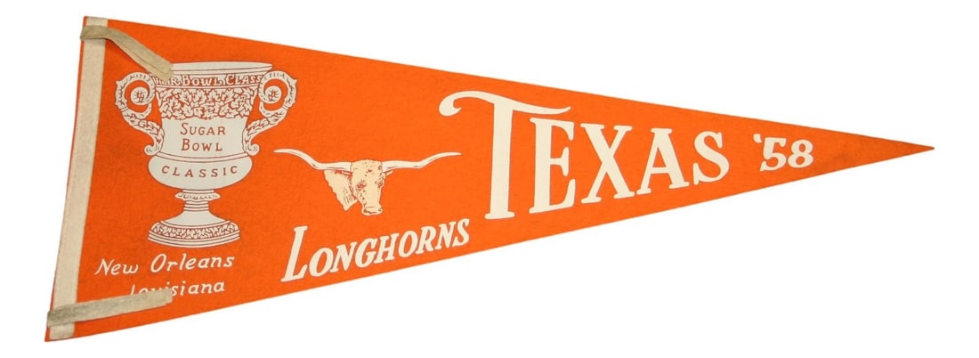 Rare 1958 Texas Longhorns Sugar Bowl 29 Inch Vintage Pennant: Rare 1958 Texas Longhorns Sugar Bowl 29 Inch Vintage Pennant This rare vintage 1958 Texas Longhorns Sugar Bowl pennant is a must-have for any collector or fan. Officially licensed by the NCAA, this or