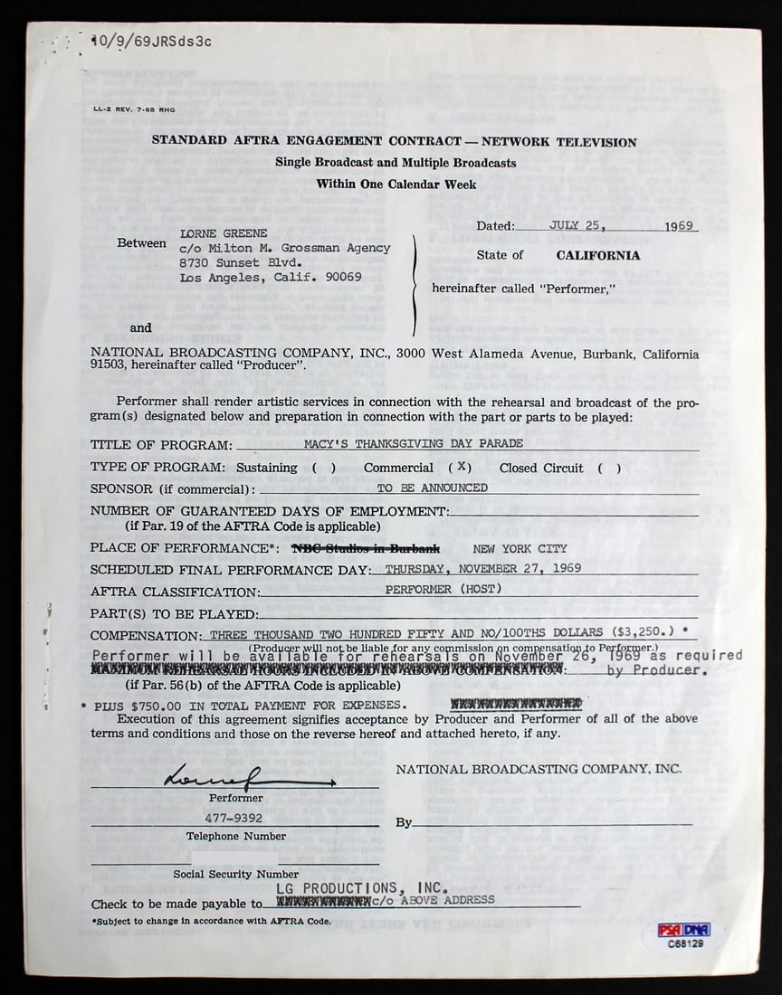 Lorne Greene Bonanza Signed Macy's Parade Contract PSA/DNA COA (1 of 10)