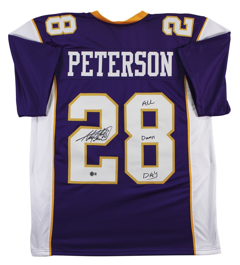 Adrian Peterson Signed Purple Pro Style Jersey All Damn Day BAS Witnessed: Adrian Peterson Signed Purple Pro Style Jersey All Damn Day BAS Witnessed This Adrian Peterson signed purple pro style jersey features the inscription "All Damn Day" and has been personally autographe