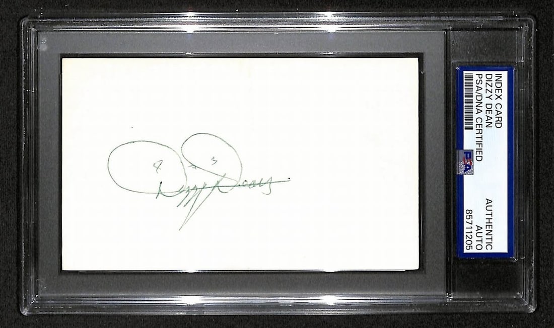 PSA DNA Dizzy Dean HOF Autographed 3x5 Card Cardinals BA204618: PSA DNA Dizzy Dean HOF Autographed 3x5 Card Cardinals BA204618 Original Dizzy Dean Hall of Fame signed 3x5 index card. This pre-owned baseball collectible is associated with the Cardinals and comes wi