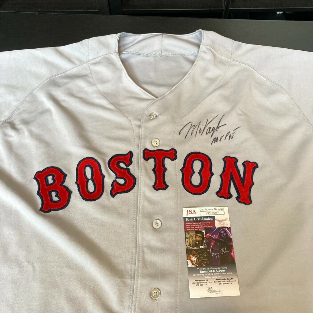 1997 Boston Red Sox Game Jersey Signed by Mo Vaughn JSA Authenticated: 1997 Boston Red Sox Game Jersey Signed by Mo Vaughn JSA Authenticated This is an authentic 1997 Boston Red Sox game-issued jersey signed by Mo Vaughn. The jersey comes with a James Spence Authenticati