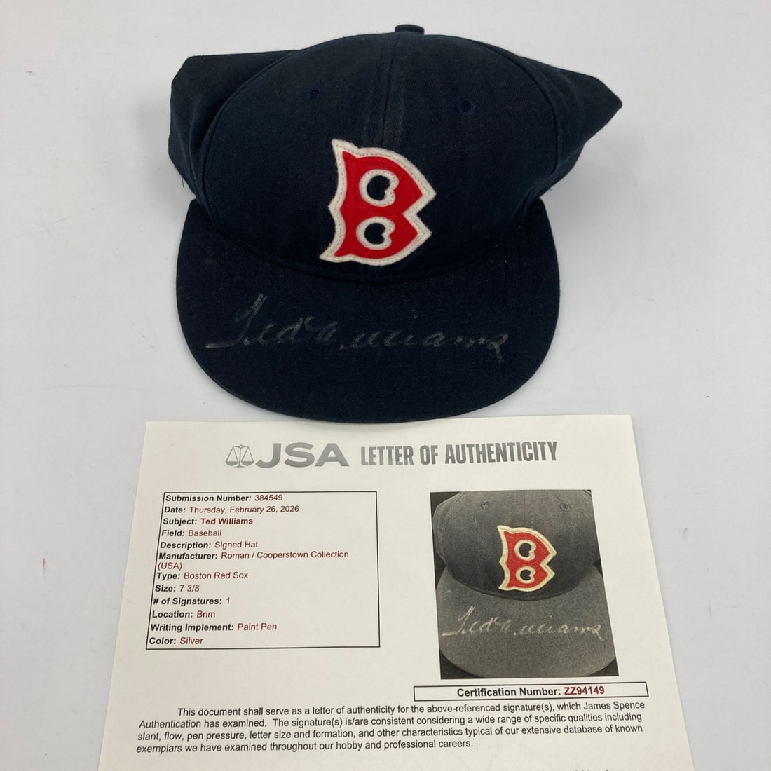 Boston Red Sox Game Model Hat Signed by Ted Williams with JSA COA: Boston Red Sox Game Model Hat Signed by Ted Williams with JSA COA Signed Boston Red Sox authentic game model hat featuring Ted Williams. This original baseball collectible is authenticated by James Sp