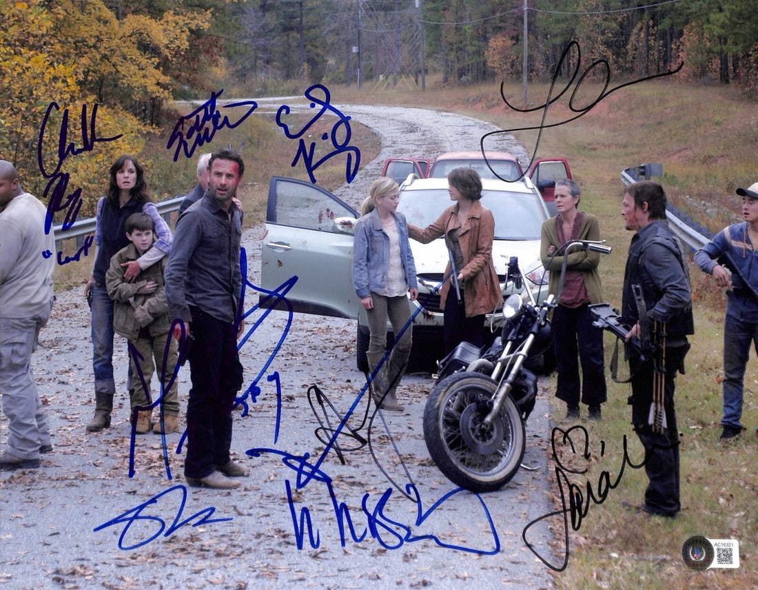 The Walking Dead Multi-Signed 11x14 Photo with Beckett LOA: The Walking Dead Multi-Signed 11x14 Photo with Beckett LOA This multi-signed 11x14 photograph features the iconic cast of the TV series The Walking Dead, including Andrew Lincoln, Norman Reedus, Chand