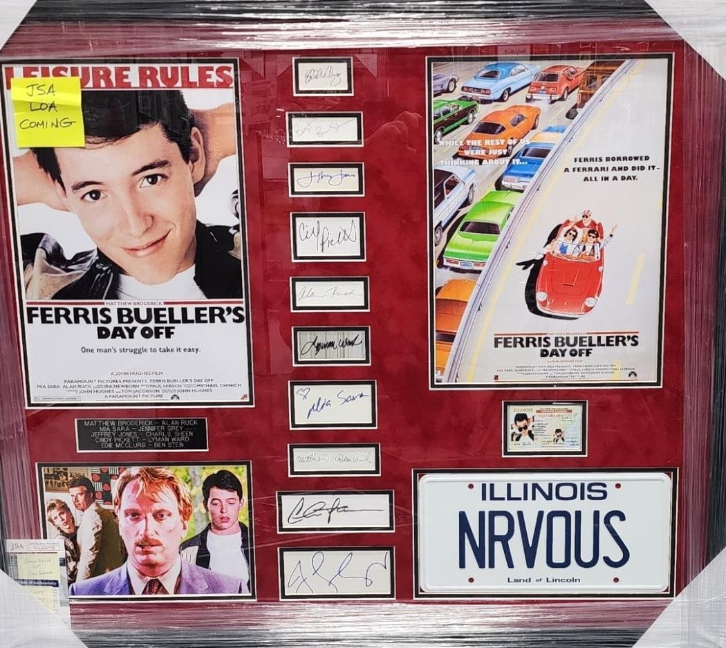 Ferris Bueller's Day Off Signed Cast Cuts Framed Display JSA Authenticated: Ferris Bueller's Day Off Signed Cast Cuts Framed Display JSA Authenticated This is a stunning framed display featuring signed cuts from the cast of the beloved film "Ferris Bueller's Day Off." The aut