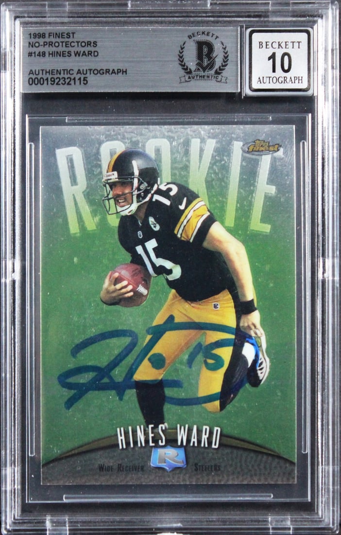 Hines Ward 1998 Finest Rookie Card Signed Graded 10 Beckett Authenticated Slab: Hines Ward 1998 Finest Rookie Card Signed Graded 10 Beckett Authenticated Slab This is an original 1998 Finest No-Protectors #148 rookie card featuring Hines Ward of the Pittsburgh Steelers. The card 