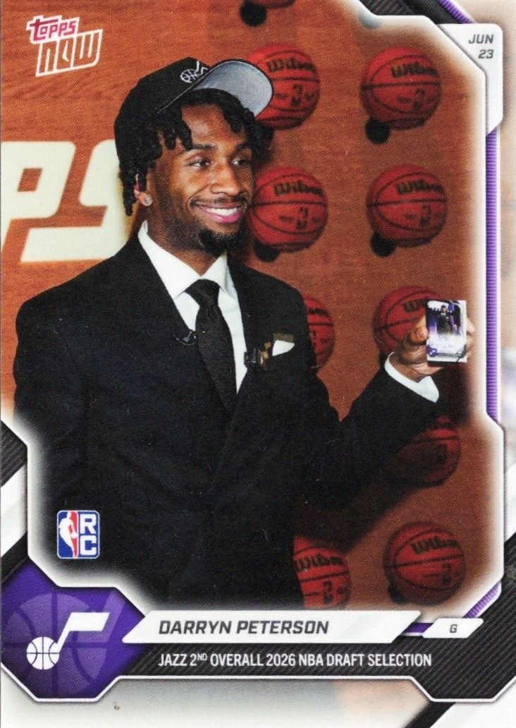 Topps Now DPETSP Darryn Peterson Utah Jazz Rookie Basketball Card: Topps Now DPETSP Darryn Peterson Utah Jazz Rookie Basketball Card 2026 Topps Now Darryn Peterson #DPETSP rookie sports trading card featuring Darryn Peterson of the Utah Jazz. This pre-owned basketbal