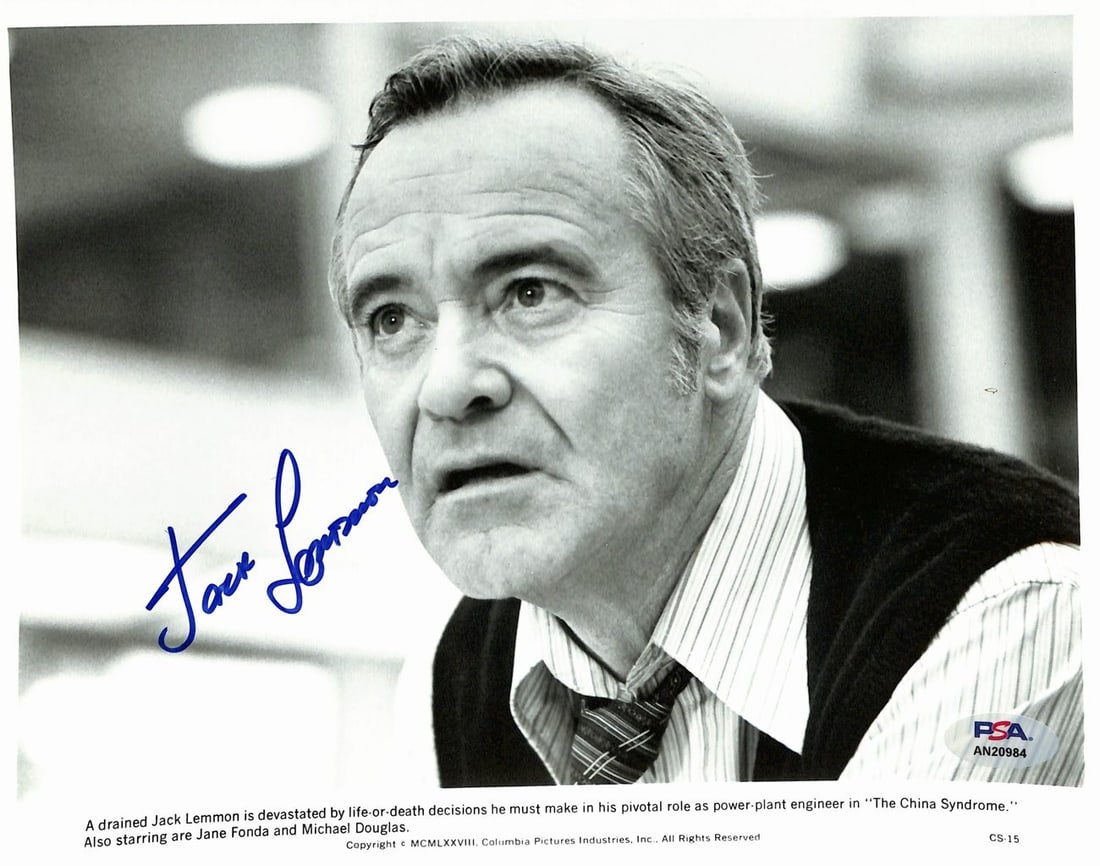 PSA DNA Certified Jack Lemmon Autographed 8x10 The China Syndrone Photo: PSA DNA Certified Jack Lemmon Autographed 8x10 The China Syndrone Photo Original 8x10 photo from "The China Syndrone" signed by Jack Lemmon. This entertainment collectible is authenticated by PSA/DNA 