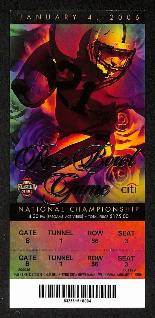 2006 Rose Bowl Complete Ticket Texas Longhorns National Championship Vince Young (1 of 2)