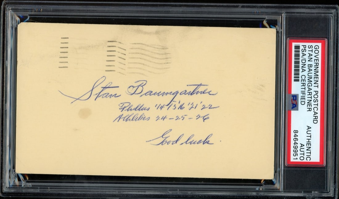 Stan Baumgartner Autographed 1952 Phillies Postcard PSA/DNA: Stan Baumgartner Autographed 1952 Phillies Postcard PSA/DNA This offering features a Stan Baumgartner autographed and inscribed 1952 GPC Government Postcard representing the Philadelphia Phillies. Thi