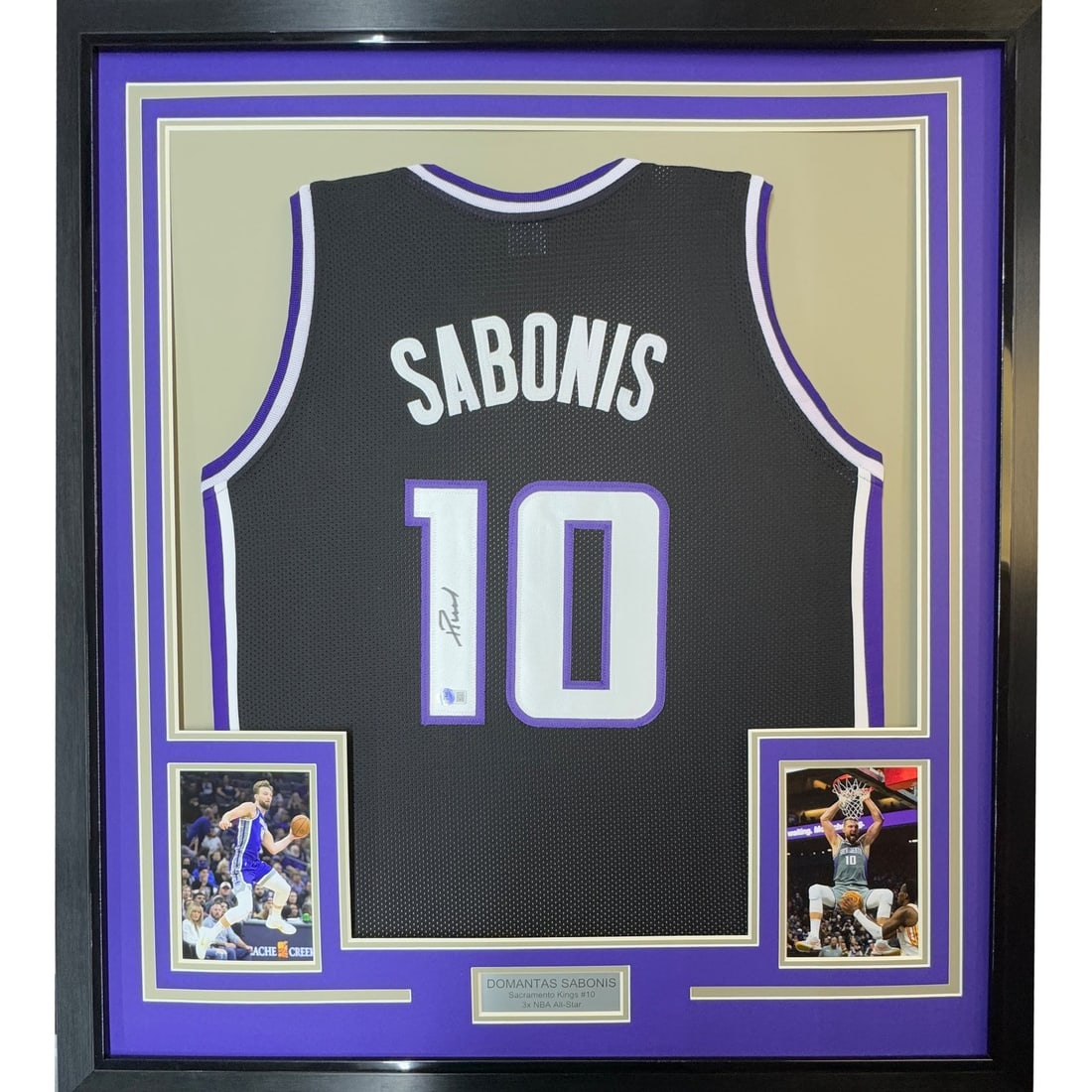 Domantas Sabonis autographed Sacramento Kings framed black jersey 35x39 JSA: Domantas Sabonis autographed Sacramento Kings framed black jersey 35x39 JSA Professionally framed and matted, this original black Sacramento Kings jersey is signed by Domantas Sabonis and includes JSA