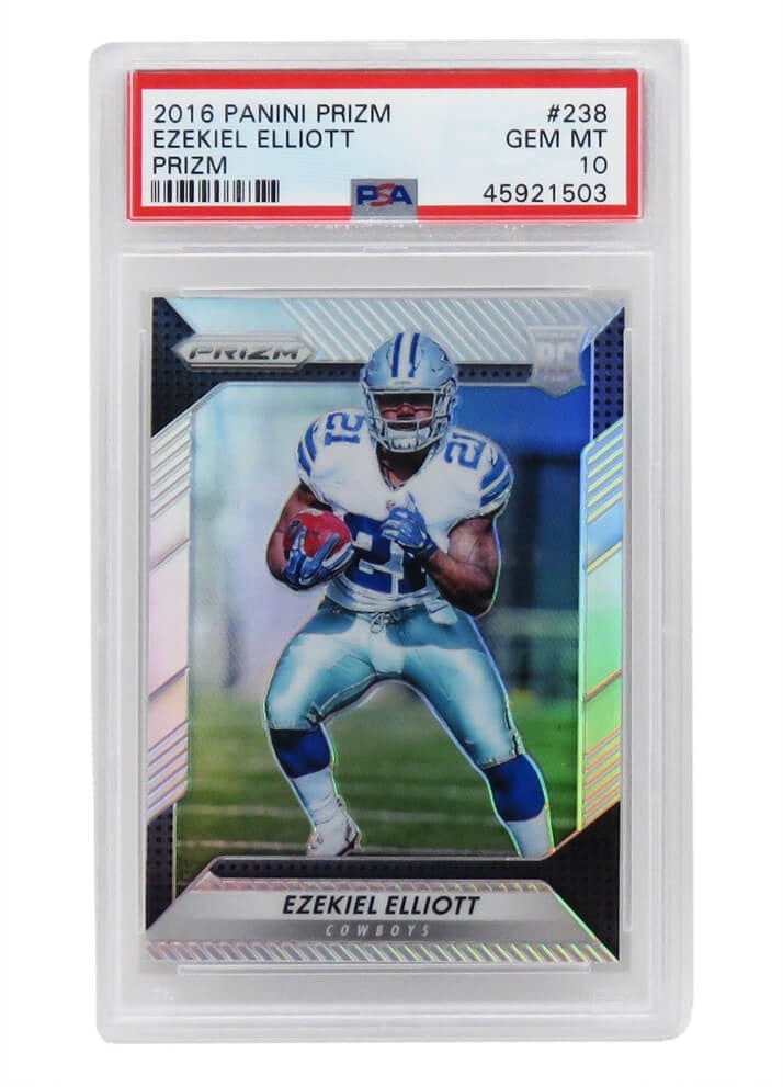 Ezekiel Elliott 2016 Panini Prizm RC #238 PSA 10 Gem Mint Football Card: Ezekiel Elliott 2016 Panini Prizm RC #238 PSA 10 Gem Mint Football Card This listing features a 2016 Panini Prizm #238 Ezekiel Elliott rookie card, encapsulated and graded Gem Mint 10 by Professional 