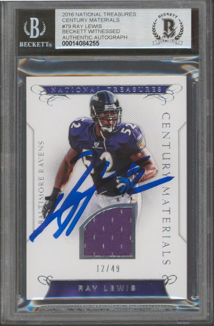 Ray Lewis Auto Gem Mint 10 2016 National Treasures Century Materials #79 BAS Authenticated: Ray Lewis Auto Gem Mint 10 2016 National Treasures Century Materials #79 BAS Authenticated This is a Ray Lewis autographed 2016 National Treasures Century Materials #79 football card, serial numbered 