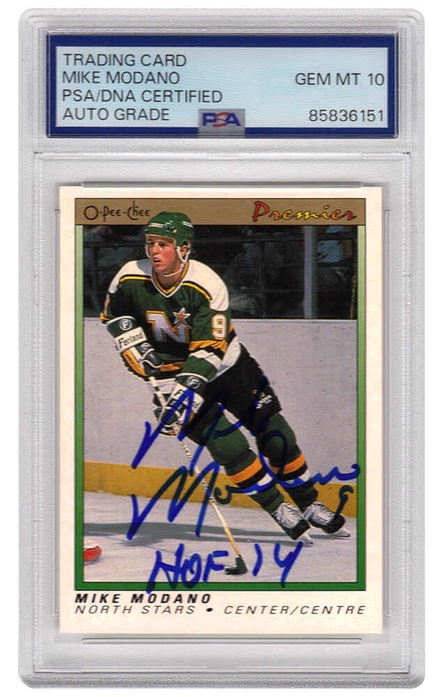 PSA DNA Auto 10 Mike Modano 1990 O-Pee-Chee Premier RC #74 HOF 14: PSA DNA Auto 10 Mike Modano 1990 O-Pee-Chee Premier RC #74 HOF 14 Signed Mike Modano 1990-91 O-Pee-Chee Premier rookie hockey trading card #74, featuring a "HOF 14" inscription. The autograph is authe