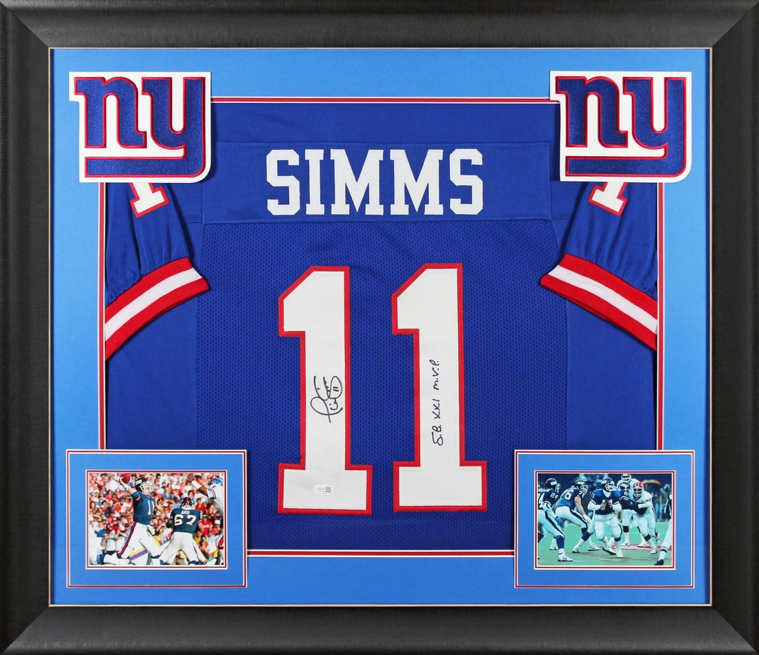 Framed Blue Pro Style Jersey Phil Simms SB XXI MVP Auto JSA (1 of 2)