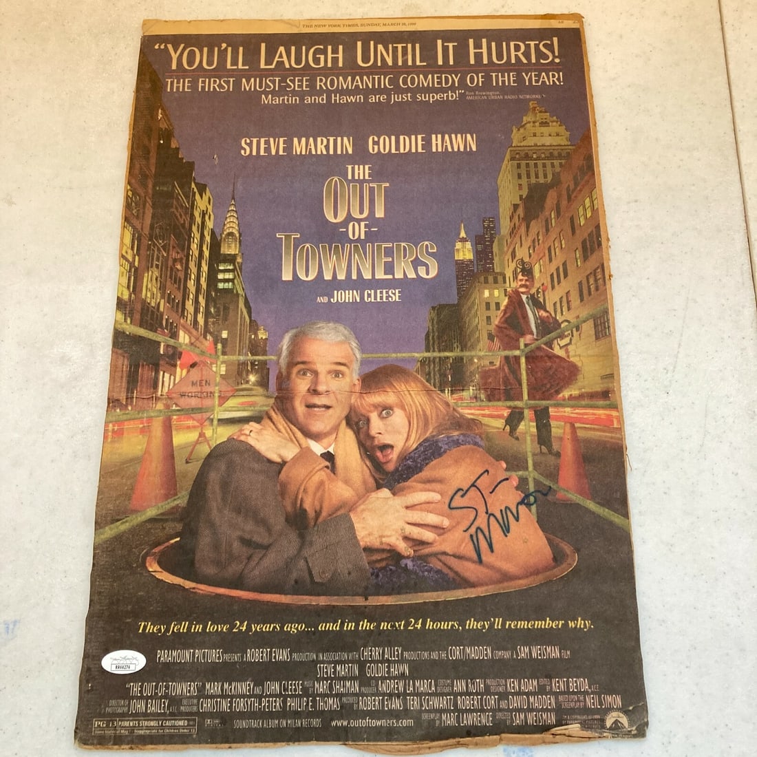 Steve Martin Signed Original The Out of Towners Poster JSA COA: Steve Martin Signed Original The Out of Towners Poster JSA COA This is a large poster of the classic film "The Out of Towners," signed by the legendary comedian Steve Martin. The autograph has been au