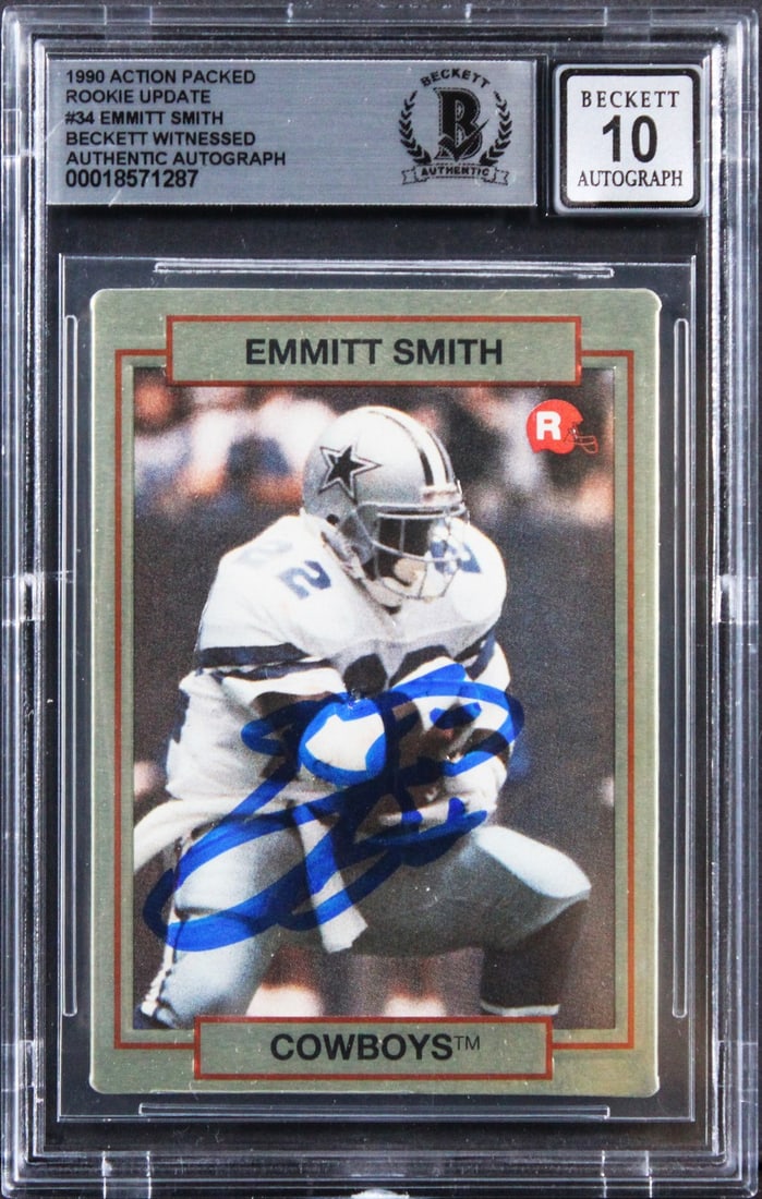 Emmitt Smith Signed 1990 Action Packed Rookie Card Gem Mint 10 Beckett: Emmitt Smith Signed 1990 Action Packed Rookie Card Gem Mint 10 Beckett This is a 1990 Action Packed Rookie Update #34 card featuring Emmitt Smith, the legendary running back of the Dallas Cowboys. Thi