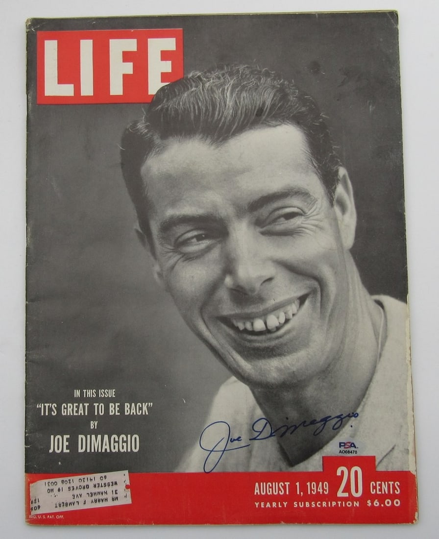 PSA DNA Authenticated Joe DiMaggio Signed 1949 Life Magazine Yankees: PSA DNA Authenticated Joe DiMaggio Signed 1949 Life Magazine Yankees Original August 1, 1949 Life magazine featuring the New York Yankees, signed by Joe DiMaggio HOF. This pre-owned baseball collectib