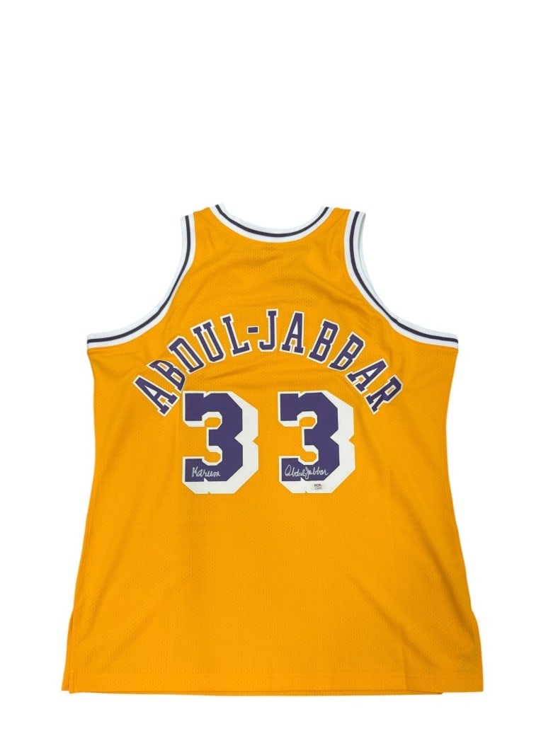 PSA Kareem Abdul-Jabbar signed Lakers authentic home jersey: PSA Kareem Abdul-Jabbar signed Lakers authentic home jersey Authentic home Los Angeles Lakers jersey signed by Kareem Abdul-Jabbar. This original autographed Mitchell & Ness Hardwood Classic jersey co