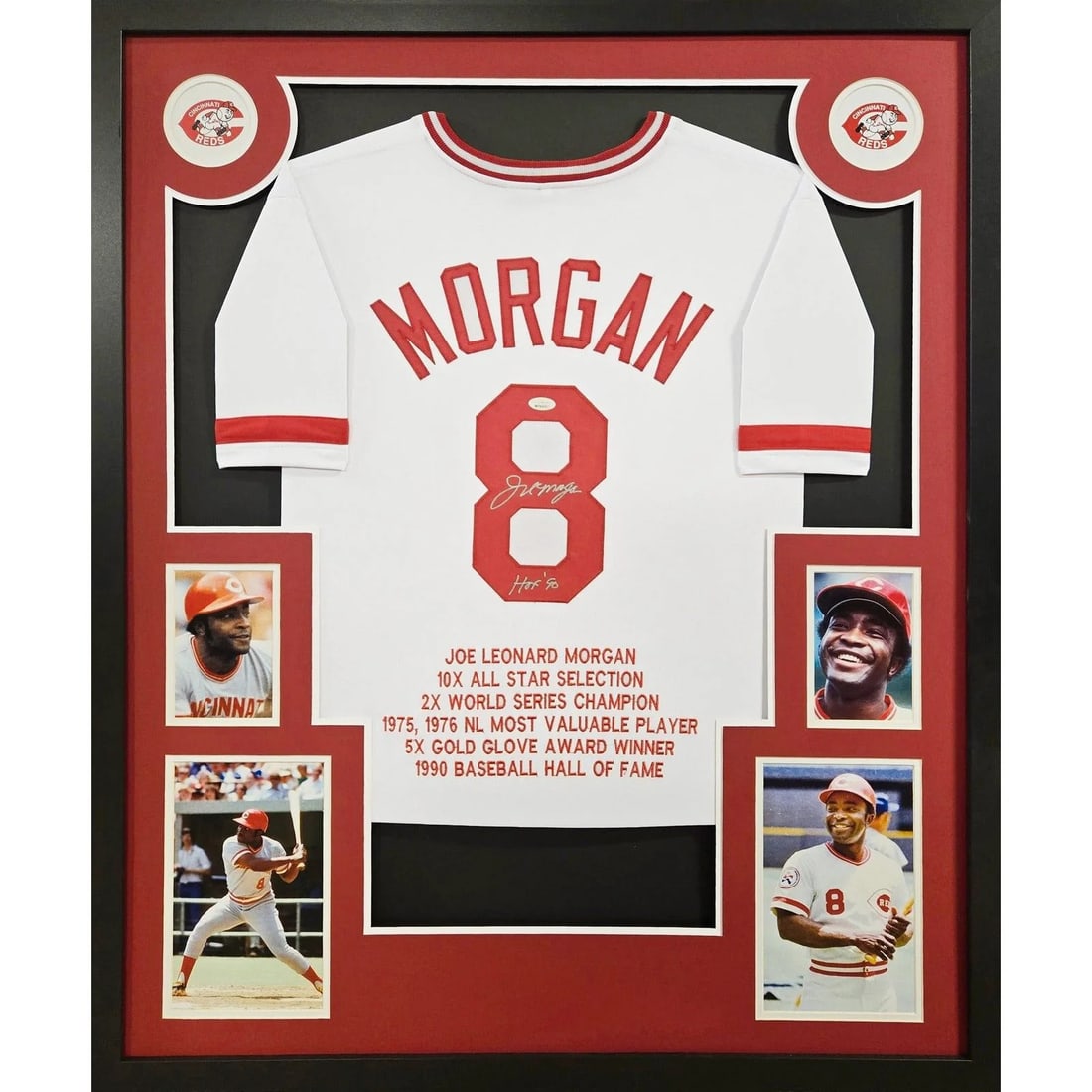 Joe Morgan Autographed Framed Jersey Cincinnati Reds JSA Certified 42x34: Joe Morgan Autographed Framed Jersey Cincinnati Reds JSA Certified 42x34 This autographed Joe Morgan framed jersey is a remarkable piece for any Cincinnati Reds fan or sports memorabilia collector. Au