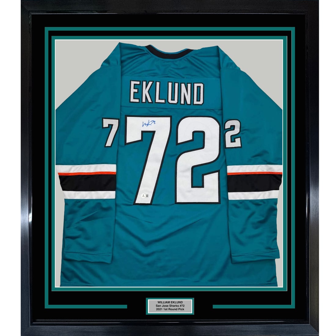 San Jose Sharks William Eklund Signed 35x39 Framed Teal Jersey JSA Authenticated: San Jose Sharks William Eklund Signed 35x39 Framed Teal Jersey JSA Authenticated This framed display features a San Jose Sharks teal jersey autographed by William Eklund. The jersey is professionally 