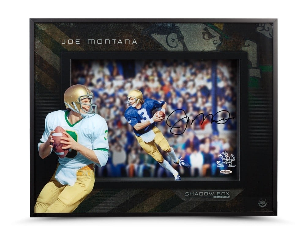 Joe Montana Signed 16x20 Framed Shadowbox Photo Upper Deck Notre Dame: Joe Montana Signed 16x20 Framed Shadowbox Photo Upper Deck Notre Dame Capture a piece of sports history with this stunning Joe Montana autographed 16X20 framed shadowbox photo titled "Roll Out". Showc
