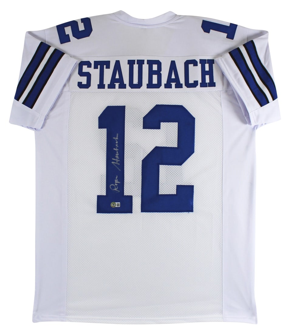 Roger Staubach Autographed Dallas Cowboys Jersey BAS Authenticated: Roger Staubach Autographed Dallas Cowboys Jersey BAS Authenticated This authentic white pro style jersey has been personally signed by Roger Staubach, the legendary quarterback of the Dallas Cowboys. 