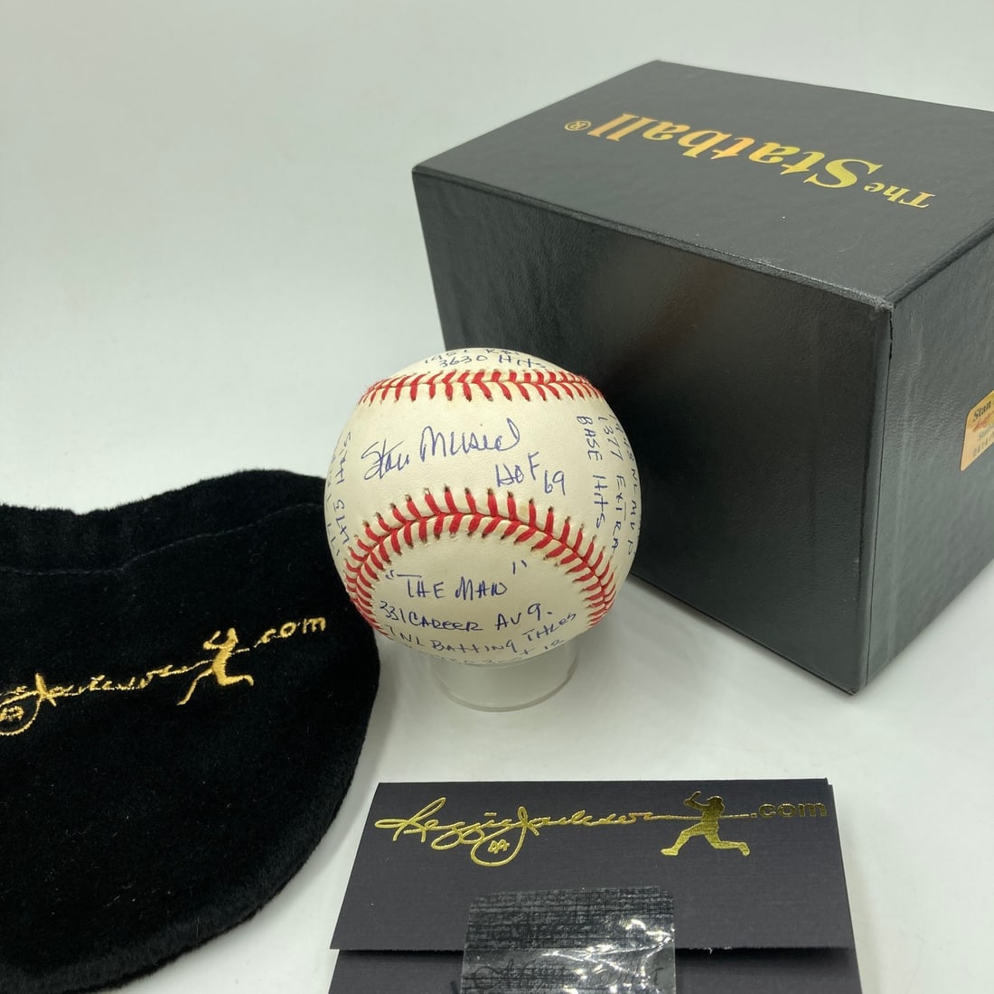 Stan Musial autographed baseball with career stat inscription JSA: Stan Musial autographed baseball with career stat inscription JSA Pre-owned original baseball signed by Stan Musial and heavily inscribed with career stats. This official National League ball is assoc