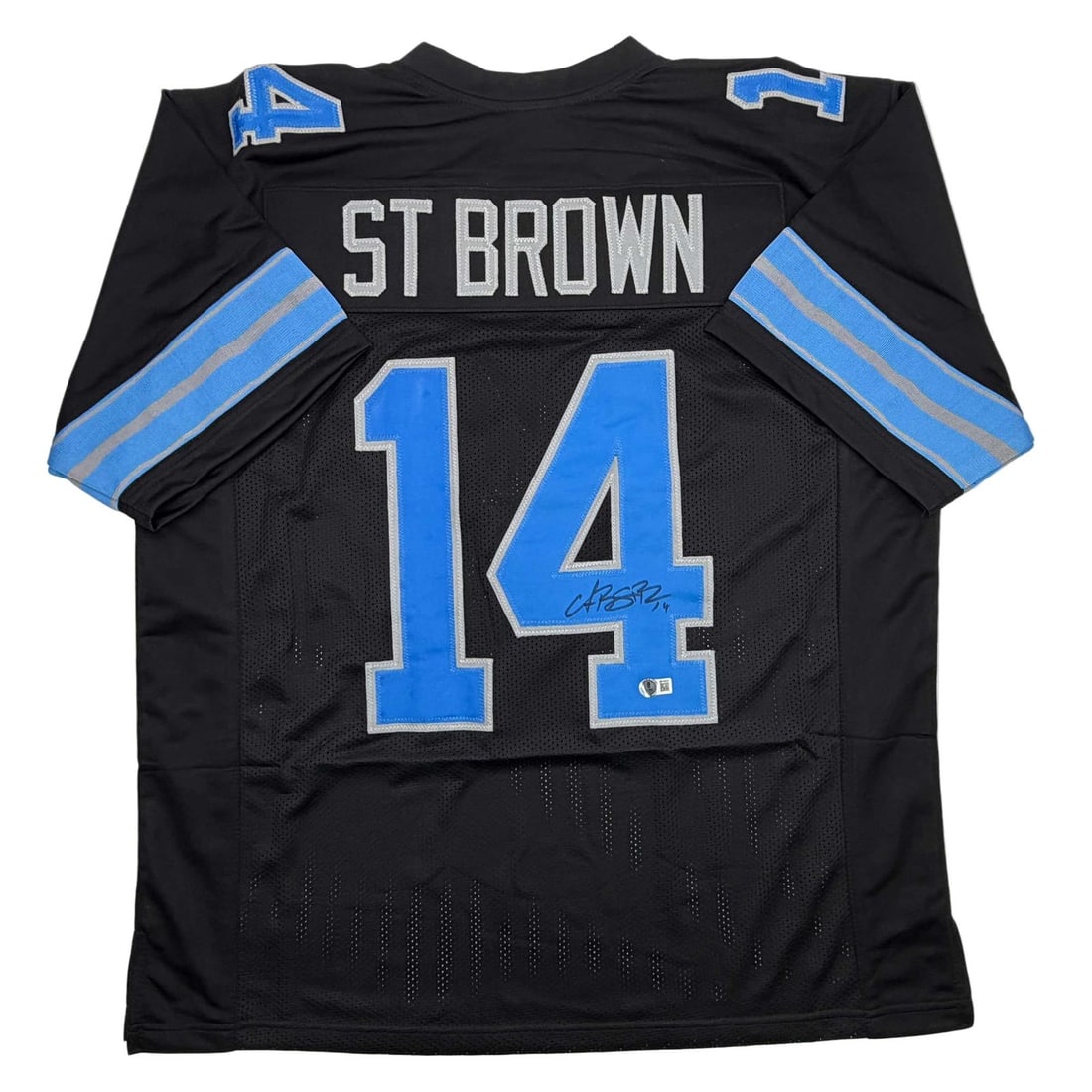 Beckett BAS Certified Amon-Ra St. Brown Signed Detroit Lions Black Jersey: Beckett BAS Certified Amon-Ra St. Brown Signed Detroit Lions Black Jersey Pre-owned custom black football jersey signed by Amon-Ra St. Brown and authenticated by Beckett BAS. The jersey displays the p
