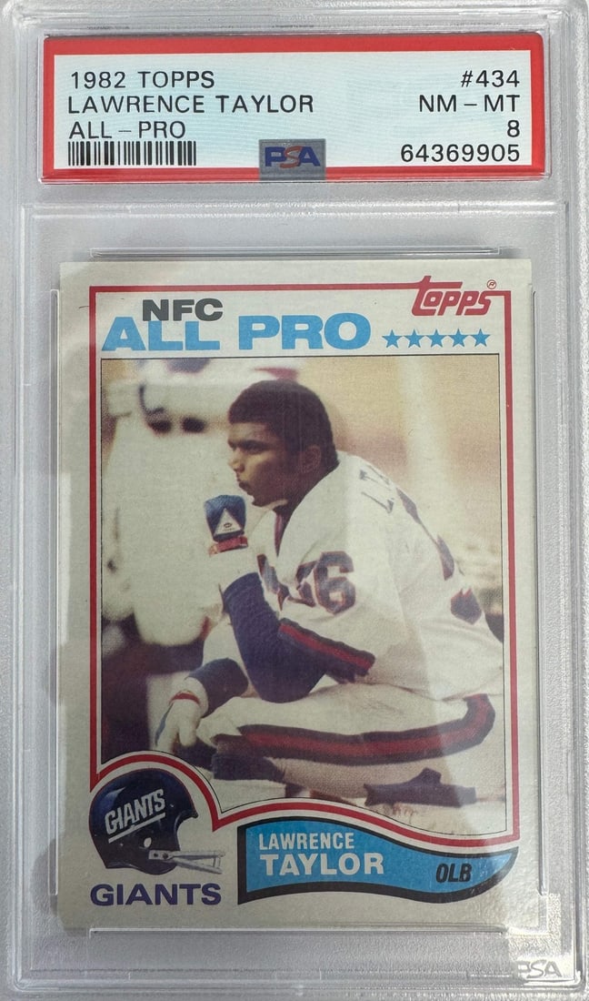 PSA 8 Lawrence Taylor 1982 Topps #434 Rookie Football Card: PSA 8 Lawrence Taylor 1982 Topps #434 Rookie Football Card Original 1982 Topps Lawrence Taylor #434 rookie football card, professionally graded PSA 8 Near Mint and encapsulated by Professional Sports 