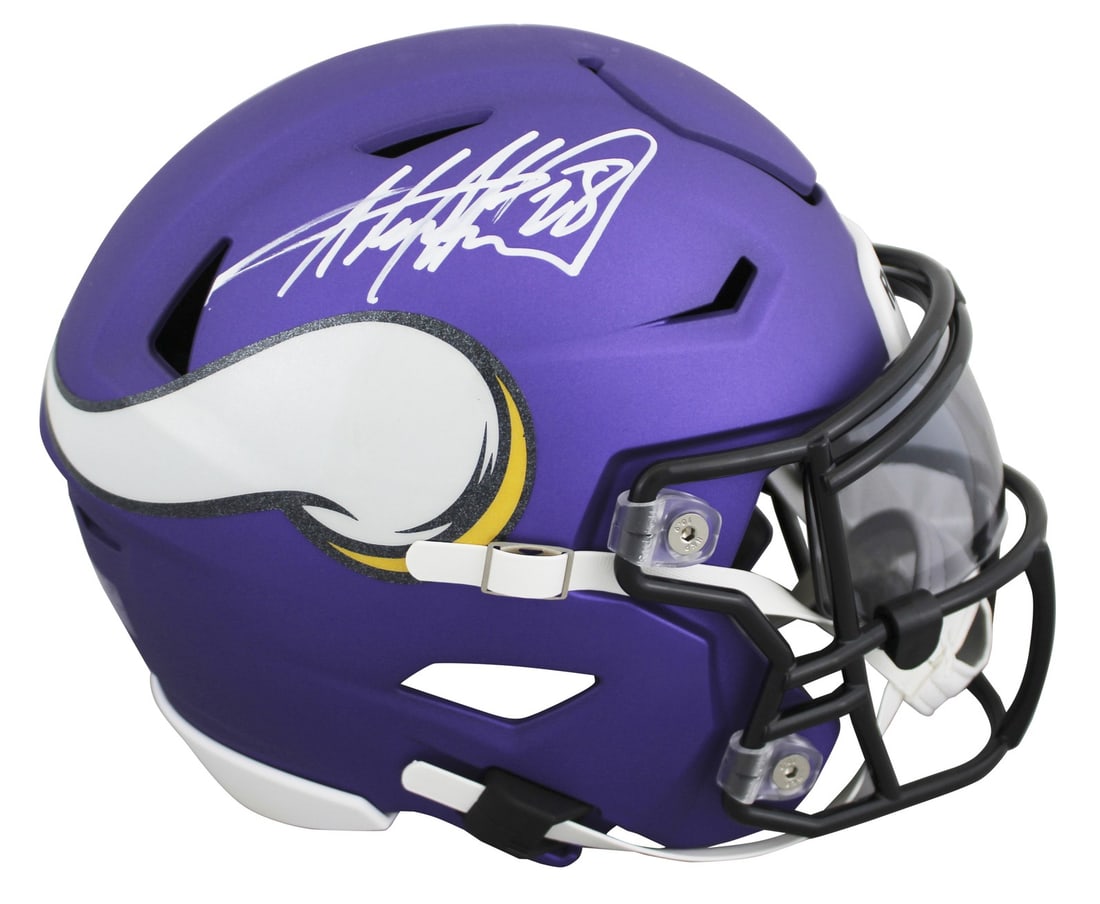 Adrian Peterson signed Minnesota Vikings Speed Flex mini helmet BAS witnessed: Adrian Peterson signed Minnesota Vikings Speed Flex mini helmet BAS witnessed This authentic Minnesota Vikings Speed Flex Midi helmet has been personally signed by Adrian Peterson. The helmet is a mid