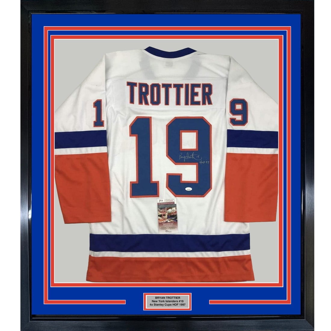Framed Bryan Trottier Autographed Jersey HOF 97 JSA COA 33x42 New York Islanders (1 of 2)